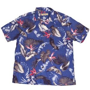Tommy Bahama Mens Large L Silk Hawaiian Shirt Blue Floral Bird of Paradise